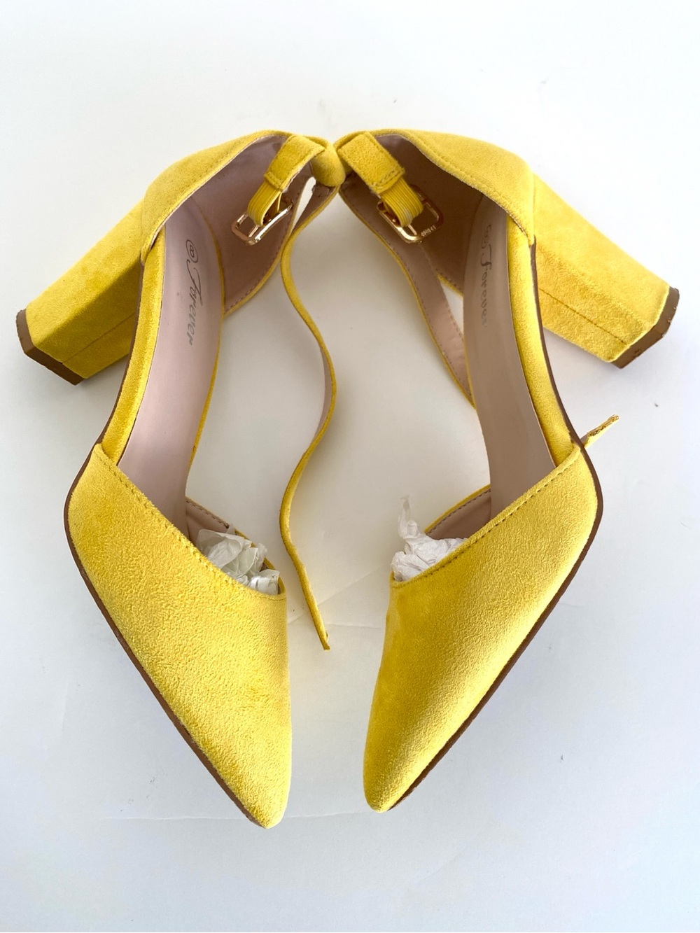 Forever Yellow Faux Suede Pointed Toe Block Heels with Ankle Strap 8 Retro Mod